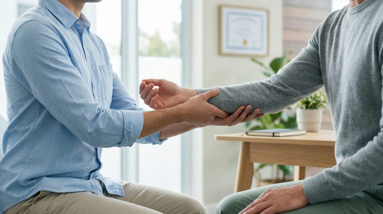 Gros plan sur un kinésiologue évaluant le bras d'un patient lors d'une séance thérapeutique dans un cabinet lumineux.