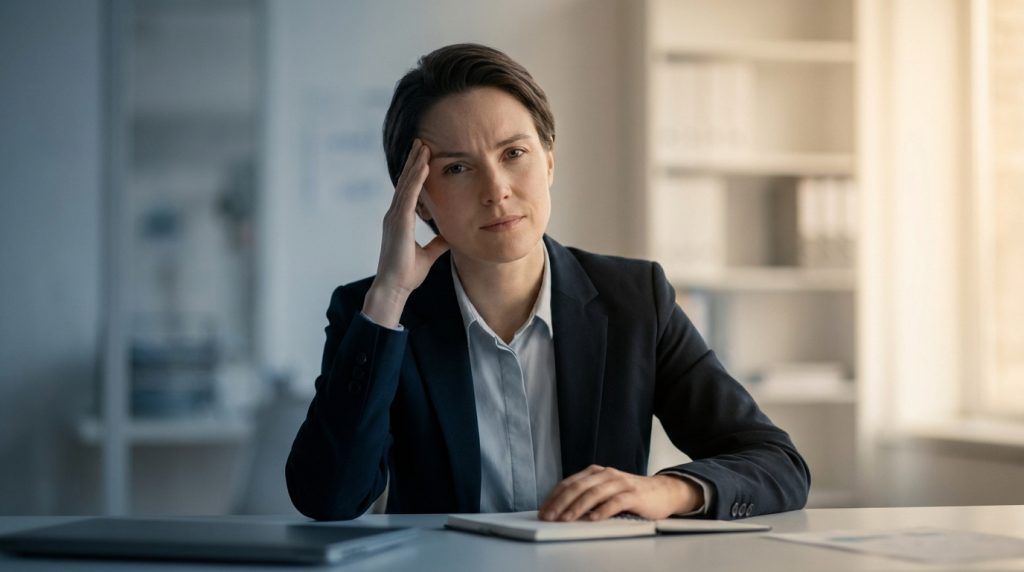 Femme entrepreneur aux cheveux courts, l'air pensif et fatigué, main sur la tempe, assise à un bureau dans un bureau moderne.