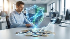 Un homme travaillant sur ordinateur avec un hologramme de bouclier numérique et des pièces en euro au premier plan.