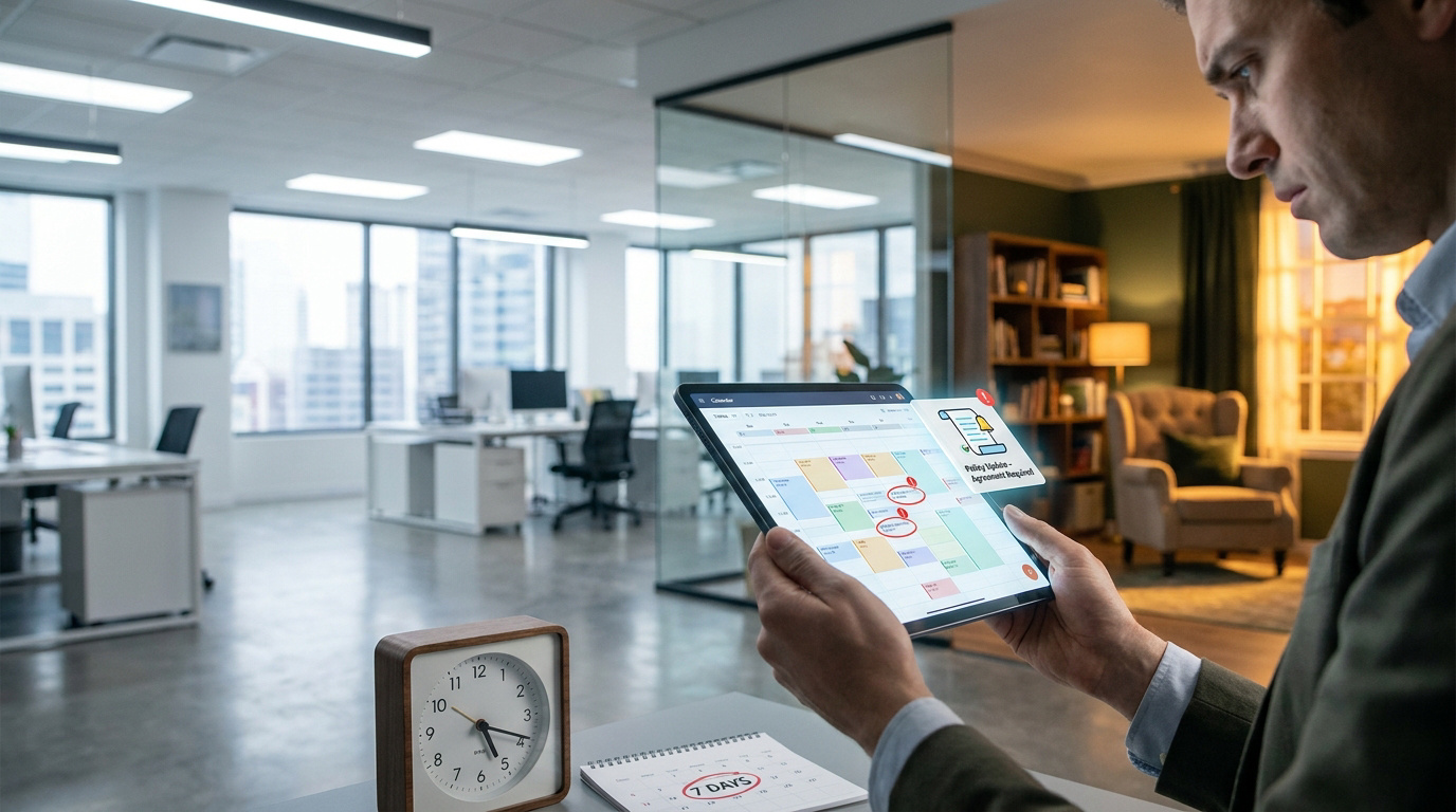 Un homme consulte une tablette avec un calendrier de travail et une alerte de politique. Une horloge et un calendrier "7 jours" sont sur la table, un bureau moderne en arrière-plan.