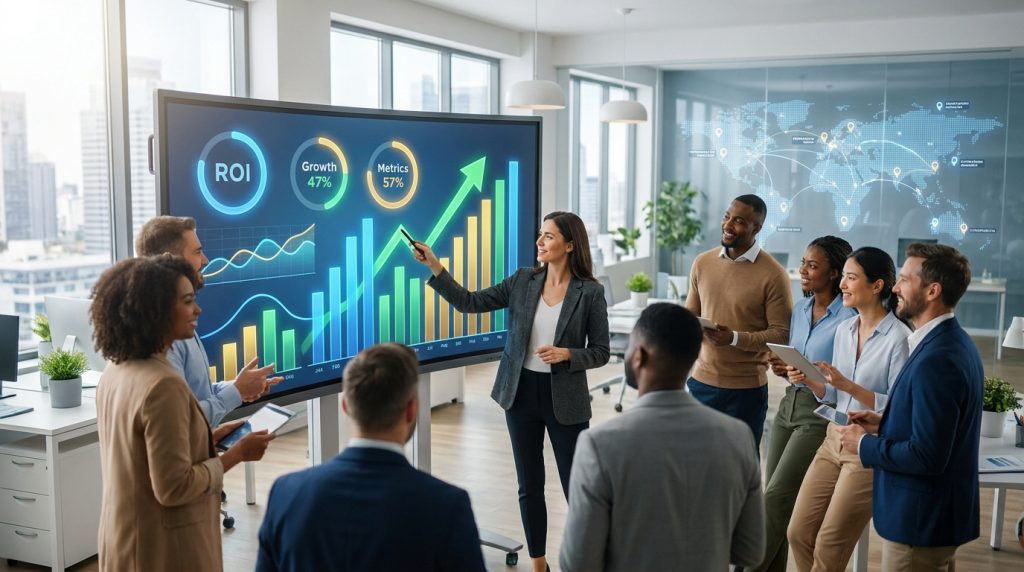 Groupe diversifié de professionnels en réunion regardant un grand écran affichant des graphiques de ROI et de croissance dans un bureau moderne.