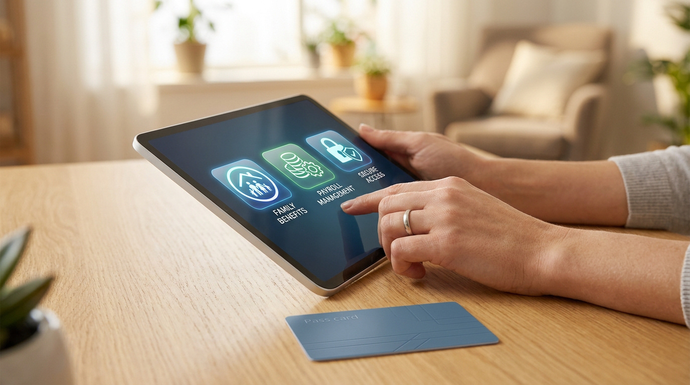 Mains utilisant une tablette pour les services 'Avantages famille' et 'Gestion de paie'. Une carte 'Pass Card' est posée sur la table.