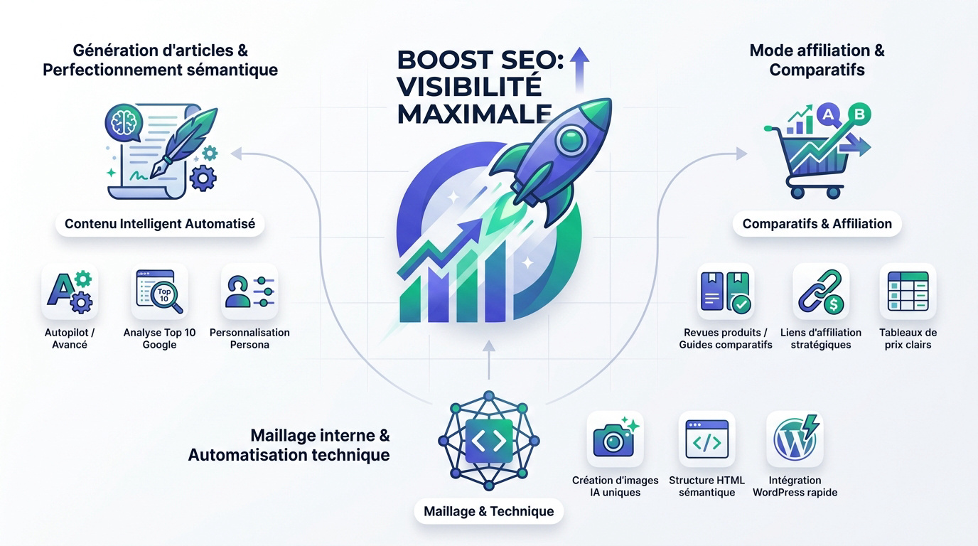 Infographie montrant les leviers de visibilité SEO avec Wisewand