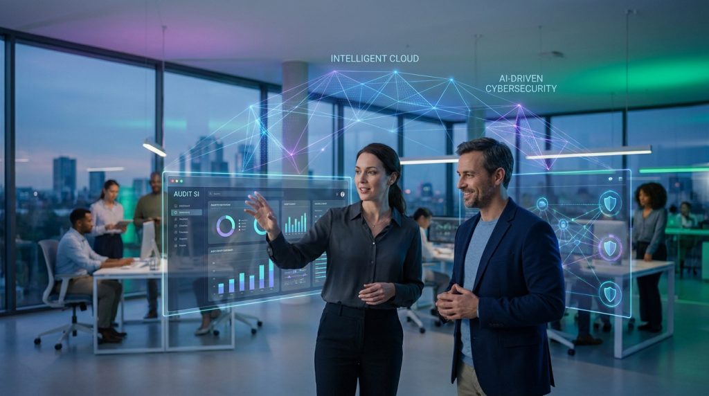 Femme présente des données interactives (audit SI, cloud, cybersécurité IA) à un homme dans un bureau moderne avec skyline.