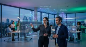 Femme présente des données interactives (audit SI, cloud, cybersécurité IA) à un homme dans un bureau moderne avec skyline.