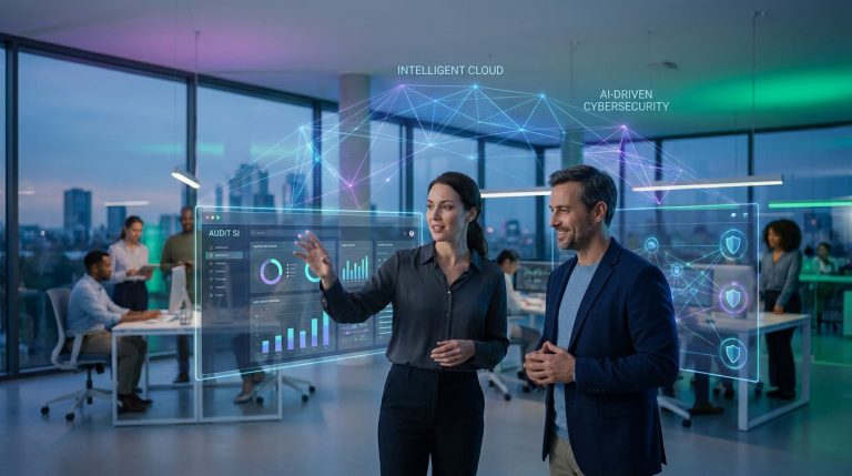 Femme présente des données interactives (audit SI, cloud, cybersécurité IA) à un homme dans un bureau moderne avec skyline.