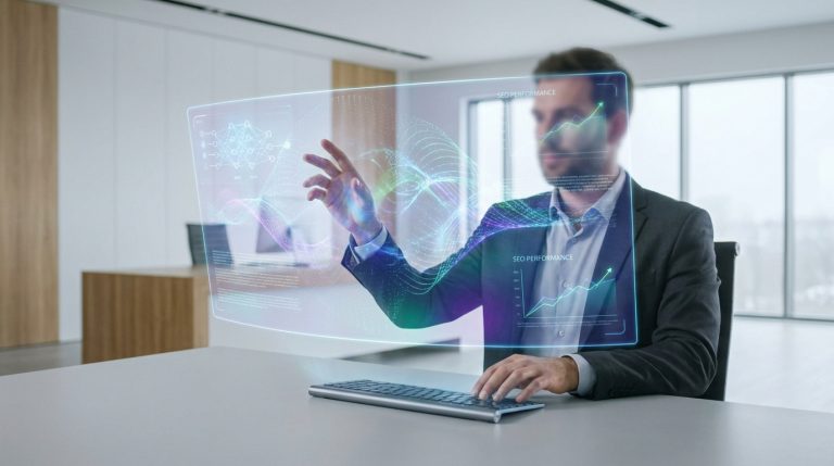 Un professionnel en costume utilisant une interface holographique futuriste affichant des données SEO dans un bureau moderne.