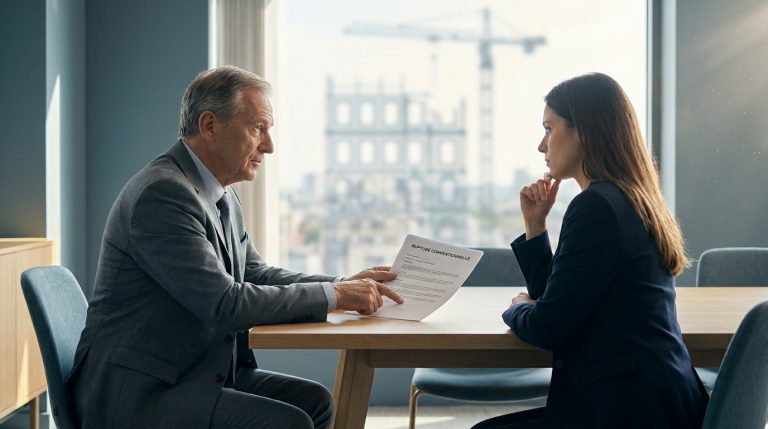 Deux personnes discutent d'un document "Rupture Conventionnelle" dans un bureau moderne. L'homme montre le texte à la femme pensive.