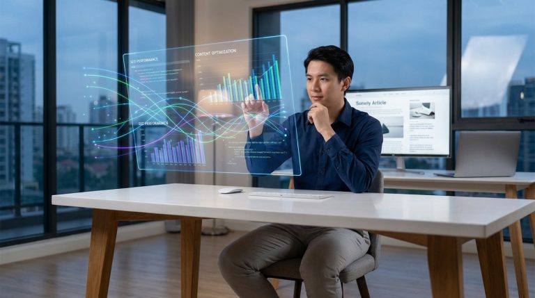 Homme interagit avec un écran holographique IA montrant des données et graphiques d'optimisation SEO dans un bureau moderne.