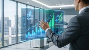 Un homme d'affaires interagit avec un écran holographique affichant des graphiques financiers et de trésorerie.