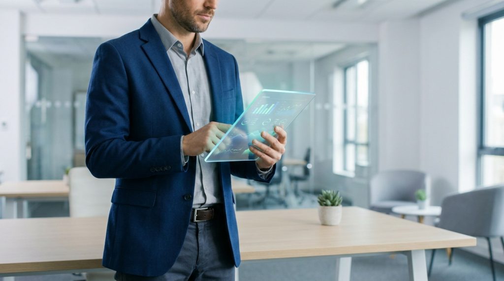 Un homme d'affaires en veste bleue manipule une interface numérique transparente affichant des graphiques de données.