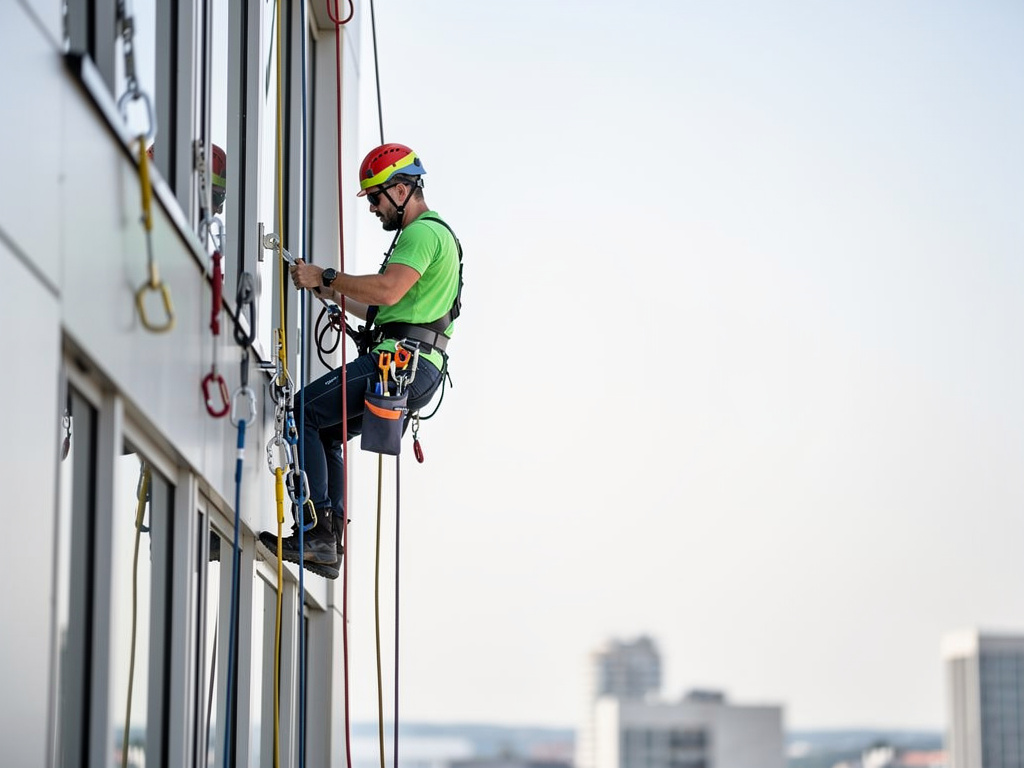Cordiste suspendu à une façade en hauteur lors d'une intervention