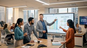 Une équipe dynamique lors d'une session de formation en management devant un écran interactif de stratégie de croissance.