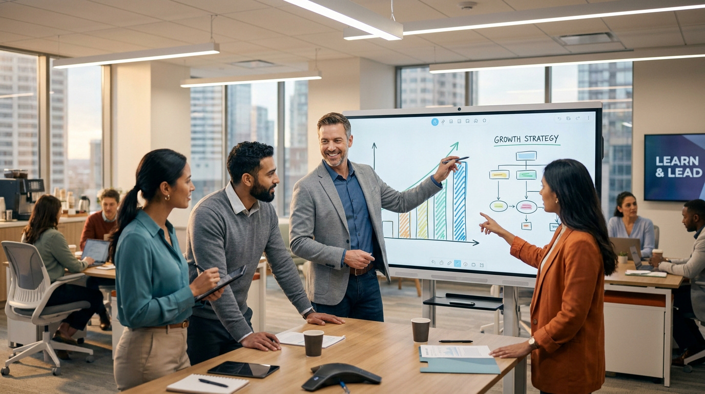 Une équipe dynamique lors d'une session de formation en management devant un écran interactif de stratégie de croissance.