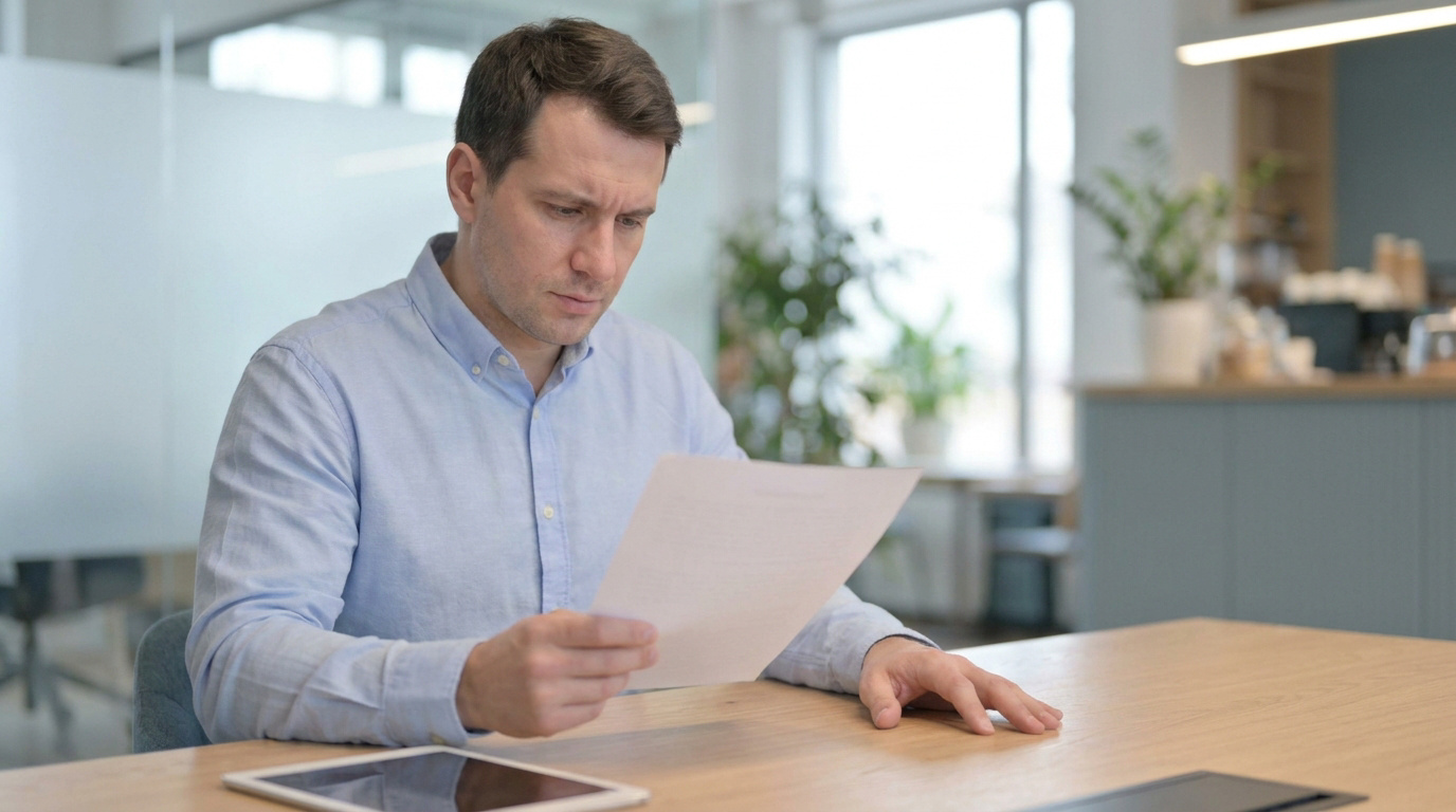 Homme en chemise bleue consultant attentivement un document papier dans un bureau lumineux.