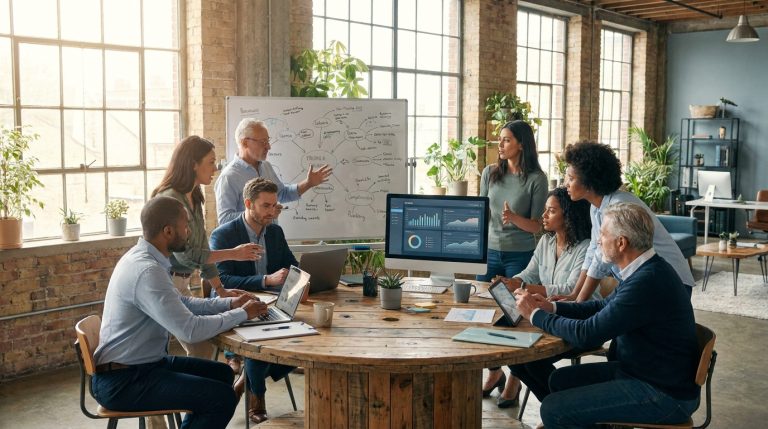 Équipe diversifiée collaborant autour d'une table ronde dans un bureau lumineux et moderne.