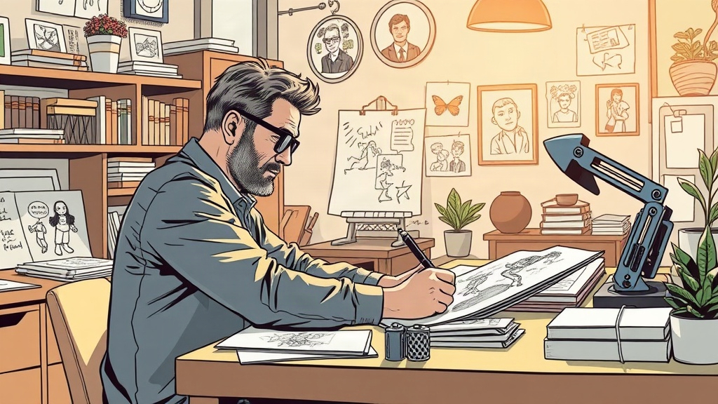Un dessinateur de bande dessinée à sa table à dessin