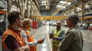 Salariés en discussion dans une salle de pause d'une usine aéronautique